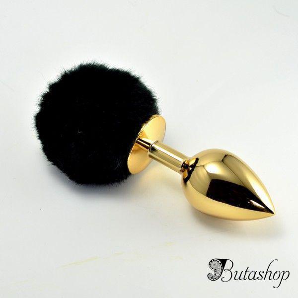 Золотая анальная игрушка с черным помпоном - butashop.com