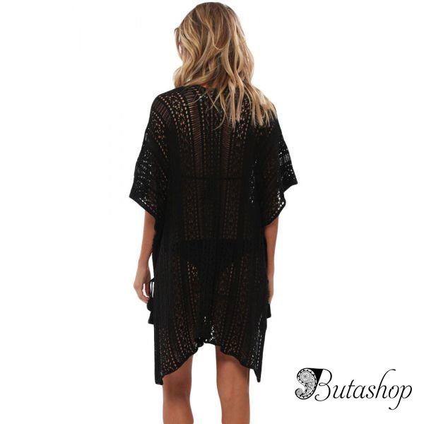 Black Crochet Knitted Tassel Tie Kimono Beachwear - butashop.com