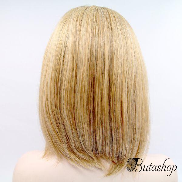 Реалистичный парик на сетке блонд омбре асиммeтричное каре с черными корнями - butashop.com