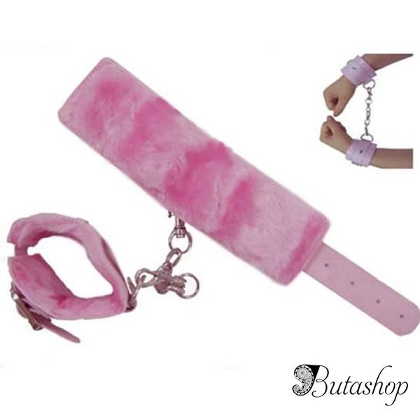 Розовые кожаные наручники с мехом - butashop.com