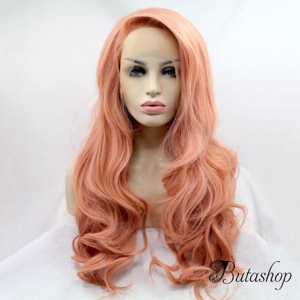 Реалистичный парик на сетке пастельно персиковые длинные вьющиеся волосы - butashop.com