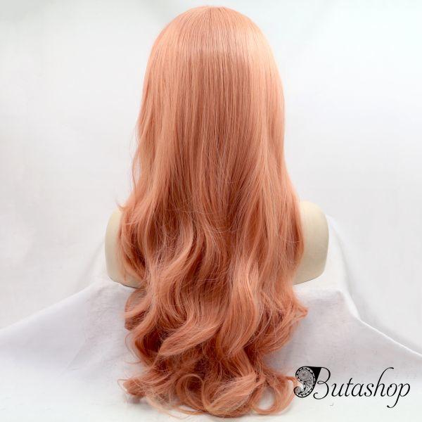 Реалистичный парик на сетке пастельно персиковые длинные вьющиеся волосы - butashop.com