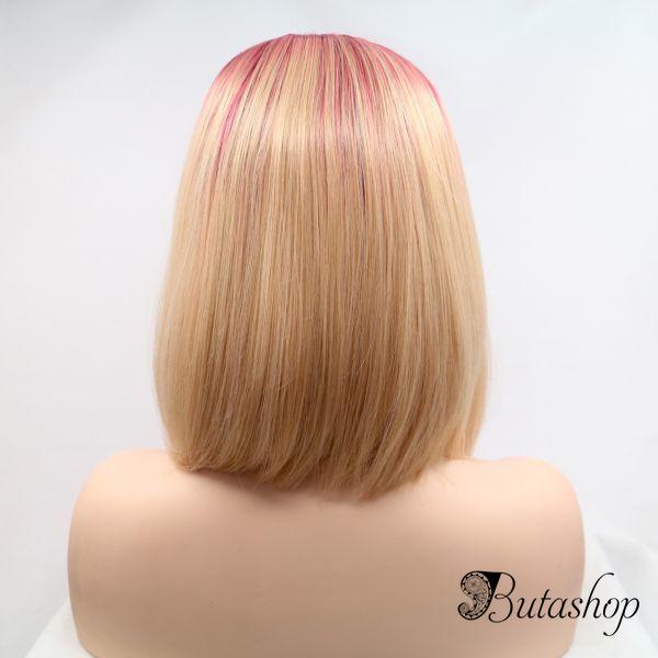 Короткое каре блонд омбре парик на сетке с черно-красными корнями - butashop.com