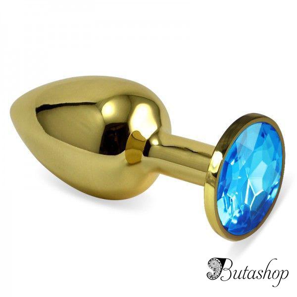 Гладкая анальная пробка золотистого цвета с голубым хрусталем размер S + подарочная упаковка - butashop.com