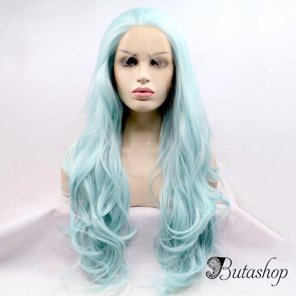 Длинный волнистый голубой парик на сетке - butashop.com
