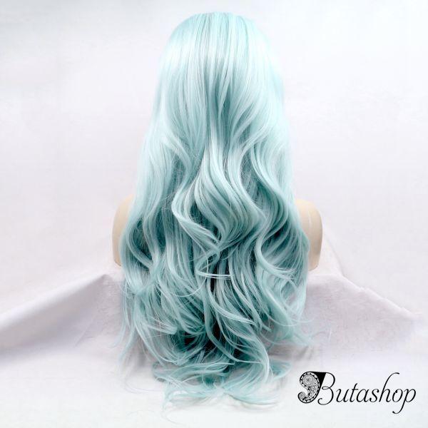 Длинный волнистый голубой парик на сетке - butashop.com