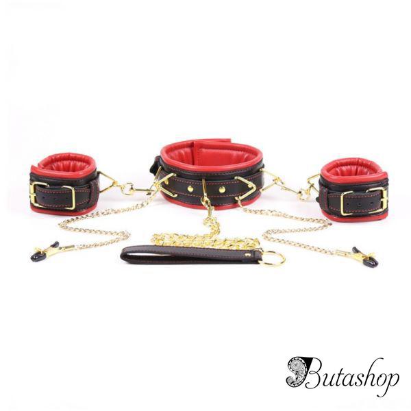 Кожаные наручники с ошейником и зажимами для сосков - butashop.com