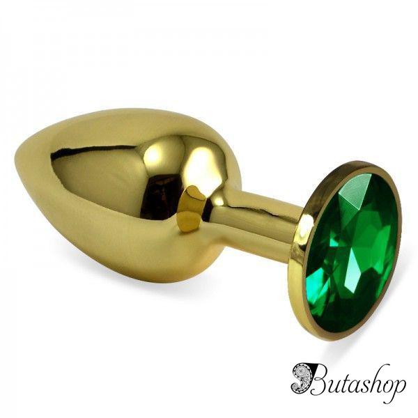 Гладкая анальная пробка золотистого цвета с зеленым хрусталем размер S + подарочная упаковка - butashop.com